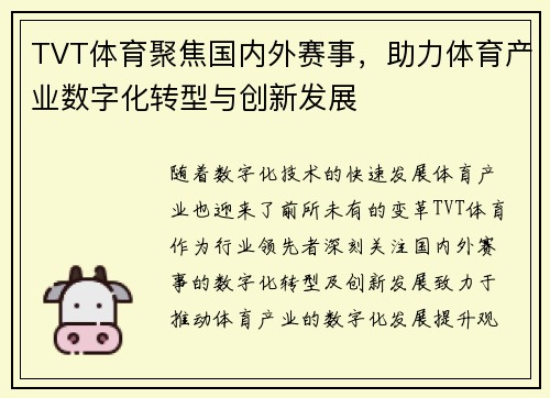 TVT体育聚焦国内外赛事，助力体育产业数字化转型与创新发展
